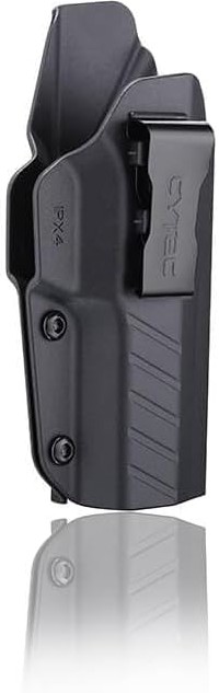 The CY-IPX4 is a Cytac inside-the-waistband (IWB) holster designed specifically for the Beretta PX4 Storm, offering a comfortable and discreet concealed-carry solution. It features adjustable retention, allowing the user to customize the fit and draw resistance by easily adjusting the tension screws to suit personal security and draw-speed preferences. Manufactured from high-tech, military-grade polymer, the holster has a smooth interior that facilitates a quick draw and effortless reholstering. Its slim profile and ergonomic design enhance comfort, making it suitable for extended periods of concealed carry.