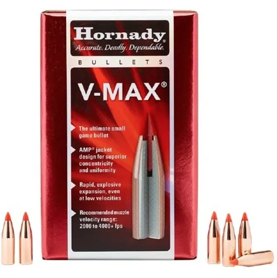 The V-Max� bullet is designed for explosive terminal performance through its polymer tip construction, which features a hollow cavity between the tip shaft and the bullet body. Upon impact, the rigid tip shaft rapidly builds energy before penetrating the core, triggering rapid expansion that leads to violent fragmentation even at low impact velocities. In addition, Hornady� engineers combine the sharp polymer tip with a highly aerodynamic bullet profile to achieve a superior ballistic coefficient. The V-Max� design also maximizes bearing surface, contributing to enhanced in-flight stability and consistent accuracy.