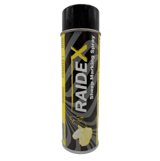 The Marking Aerosol Yellow Raidex Swavet is a pressurised spray can used for the quick and visible marking of livestock. It is supplied in a convenient aerosol format that allows easy application for identifying animals in agricultural settings. The product is designed for efficient use in handling cattle, sheep, and pigs, providing clear and durable markings.