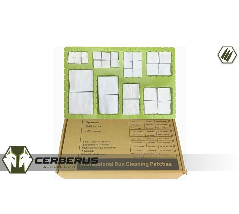 This universal cleaning patch set includes 1,600 high-absorbency 100% cotton patches in 8 sizes to fit firearms from .177 caliber to 12-gauge shotguns. The flannel patches effectively absorb cleaning fluids while removing fouling, residue, and rust for thorough bore cleaning. Each size is neatly organized in a labelled tray for quick identification and easy selection. Packed in a durable cardboard storage box, this all-in-one set eliminates the need for multiple patch packs, making firearm maintenance simple and convenient.