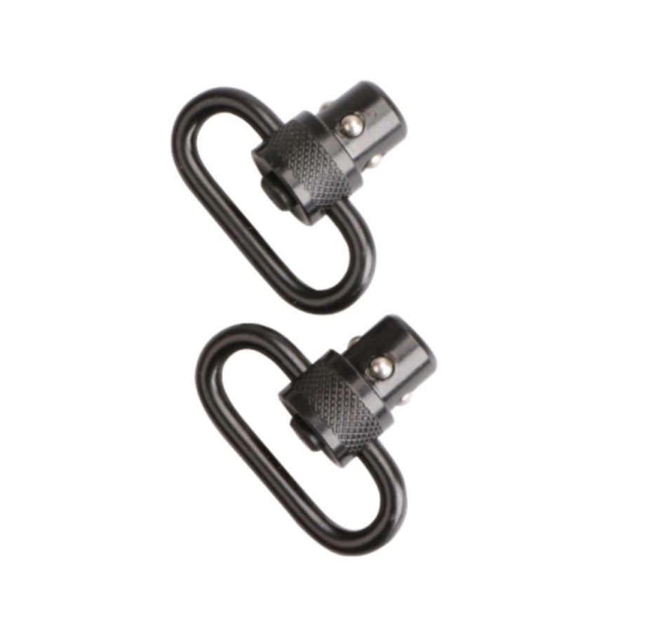 This set of push-button detachable swivels includes a pair of all-steel swivels designed for durability and reliable performance. They are fully compatible with standard push-button bases, allowing for quick and secure attachment or removal when needed. Each swivel features a 1-inch loop size, making it suitable for a variety of sling configurations and applications.