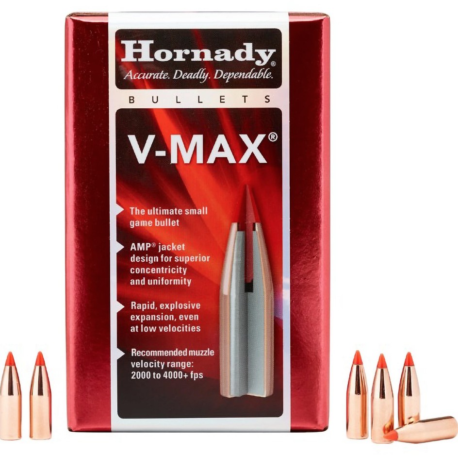The V-Max� bullet achieves its explosive terminal performance through a polymer tip design that incorporates a hollow cavity between the tip shaft and the body of the bullet. On impact, the rigid shaft rapidly accumulates energy before driving into the core, causing rapid expansion that can result in violent fragmentation even at low terminal velocities. In addition, Hornady� pairs the sharp polymer tip with a highly aerodynamic bullet profile to produce a high ballistic coefficient. The V-Max� design also increases bearing surface, enhancing in-flight stability and contributing to consistent, accurate performance.