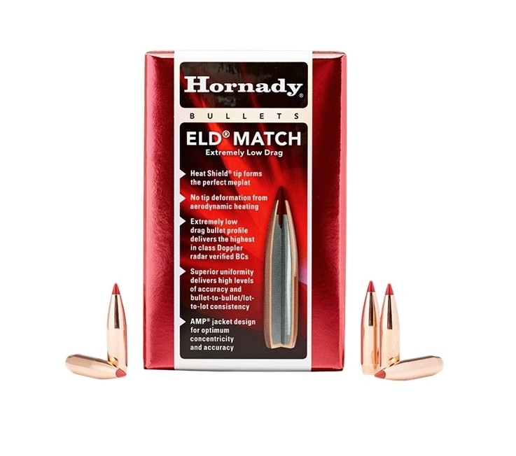 The Hornady ELD� Match bullet is engineered for exceptional long-range precision, featuring a Heat Shield� tip that resists aerodynamic heating and maintains a perfectly uniform meplat throughout flight. This ensures consistent shape retention and repeatable aerodynamic performance. Patented DVRT (Drag Variability Reduction Technology) further enhances consistency by reducing drag variation, resulting in tighter groupings and improved downrange accuracy. Combined with a streamlined secant ogive profile, an optimized boattail design, and highly concentric AMP� bullet jackets, the bullet achieves outstanding aerodynamic efficiency and best-in-class ballistic coefficients. These BC values are verified using Doppler radar and corrected to standard atmospheric conditions for reliable real-world performance data. A precision swaged lead core completes the design, providing excellent uniformity that supports consistent aerodynamics and accuracy at extended ranges.