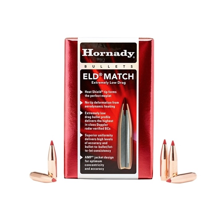 The Hornady ELD� Match bullet is designed for extreme long-range precision, featuring a Heat Shield� tip that resists aerodynamic heating and maintains a perfectly uniform meplat throughout flight. This consistent tip shape enhances aerodynamic stability and ensures repeatable performance. Patented DVRT (Drag Variability Reduction Technology) further improves consistency by reducing variations in drag, helping produce tighter groups and reduced dispersion at longer distances. In combination with a streamlined secant ogive profile, an optimized boattail design, and highly concentric AMP� bullet jackets, the bullet achieves exceptional accuracy and best-in-class ballistic coefficients. These BC values are verified using Doppler radar and adjusted to standard atmospheric conditions for reliable real-world data. A precision swaged lead core completes the design, ensuring uniformity that supports consistent aerodynamics, stability, and accuracy even at extended ranges.