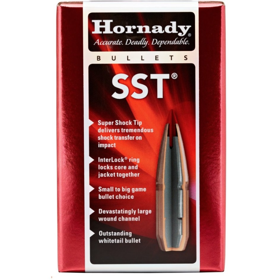 The Super Shock Tip (SST) bullet combines Hornady�s proven performance with an enhanced ballistic coefficient, providing superior accuracy and efficiency compared to many traditional hunting bullets. Its sharp, pointed polymer tip promotes faster velocities and a flatter trajectory for improved long-range performance. Designed with a one-piece core and a jacket reinforced in critical areas, the SST offers controlled expansion and excellent weight retention upon impact. Hornady�s signature Interlock ring system securely bonds the core and jacket during expansion, helping to create deep penetration and large wound channels. Please note that this product consists of bullets only and is not loaded ammunition. Manufactured in the United States of America.