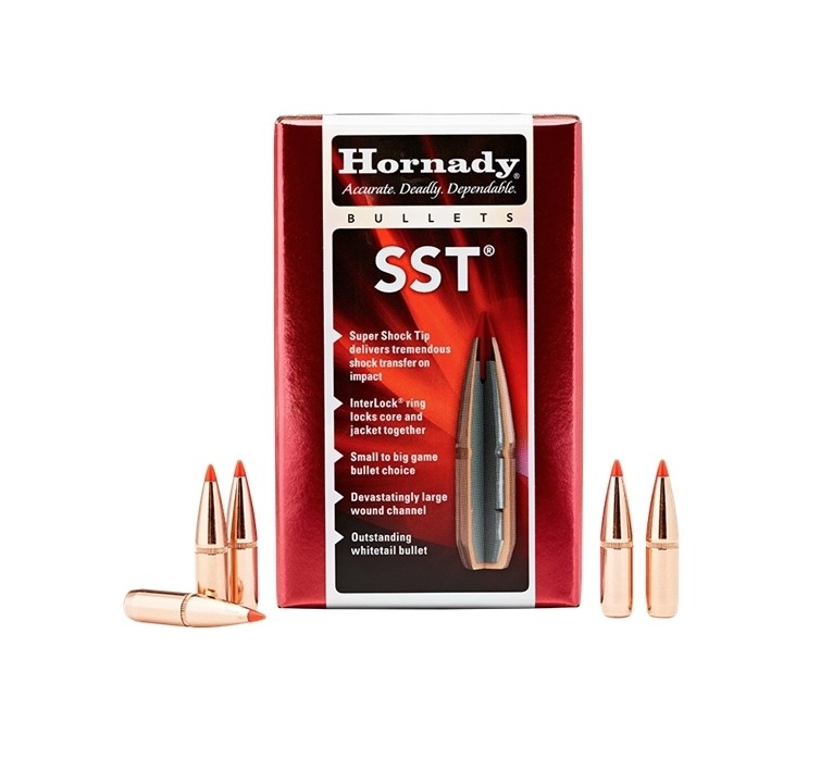 The Hornady SST features a polymer tip designed to initiate rapid yet controlled expansion upon impact, as the hard tip drives into the lead core like a wedge. Its secant ogive and boattail profile, developed from Hornady�s advanced design principles, combine a streamlined tapered point, increased bearing surface, and improved aerodynamic shape to reduce drag and enhance in-flight stability. A mid-body cannelure supports consistent and accurate crimping during loading while also helping to keep the core and jacket securely aligned. In addition, Hornady�s exclusive InterLock� ring mechanically bonds the core and jacket together, preserving bullet integrity during expansion, maximizing weight retention, and increasing the likelihood of complete pass-through performance.