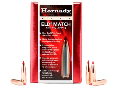 The Hornady ELD� Match bullet is engineered to deliver exceptional ballistic performance, accuracy, and consistency. Its advanced Heat Shield� tip resists deformation caused by aerodynamic heating during flight, maintaining a perfectly uniform meplat (bullet tip) for improved precision and repeatable performance. Combined with a streamlined secant ogive profile, an optimized boattail design, and highly concentric AMP� bullet jackets, the Heat Shield� tip contributes to a high-ballistic-coefficient (BC) match bullet capable of outstanding long-range accuracy. The bullet�s BC values are verified using Doppler radar and corrected to standard atmospheric conditions, ensuring reliable and realistic performance data. By preserving the ideal tip shape throughout flight, the Heat Shield� tip also provides a performance advantage over traditional boat-tail hollow-point (BTHP) bullets.