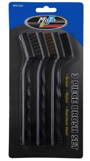 A versatile 3-piece wire brush set including brass, nylon, and stainless steel for diverse scrubbing needs.