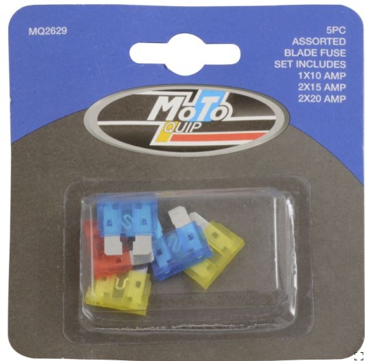 A small, convenient assortment containing 5 blade fuses with mixed amperage ratings for common electrical issues.