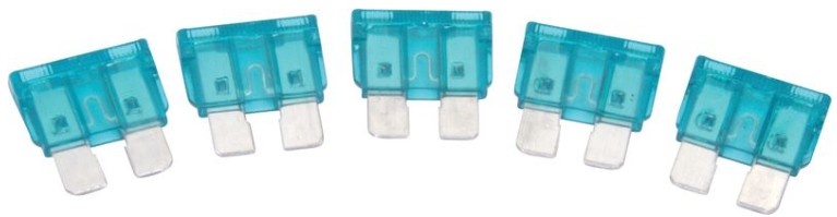 A pack of 5 reliable 15-amp blade fuses, necessary for protecting moderate-load circuits in your car's wiring.
