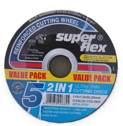 The Superflex 1A46T Bf (2In1) T41 C/W 115�1.0�22.23 is a slimline industrial cutting disc designed for high?speed, clean cutting of high?alloy steel, mild steel, and stainless steel, using a 2?in?1 abrasive technology for both cutting and grinding applications.