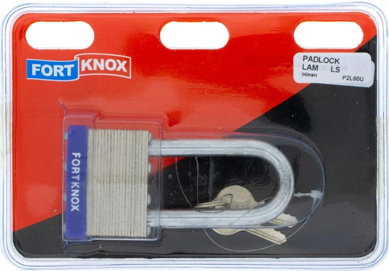 Laminated long shackle padlock.