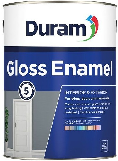 Durable enamel paint, for trims, doors, windows and inside walls, interior and exterior, attractive and long lasting, washable and scratch resistant, smooth high gloss finish. The product has a 5-year quality guarantee, and the tint gloss enamel white to a wide range of colours using ColourPro stir in paint colour.