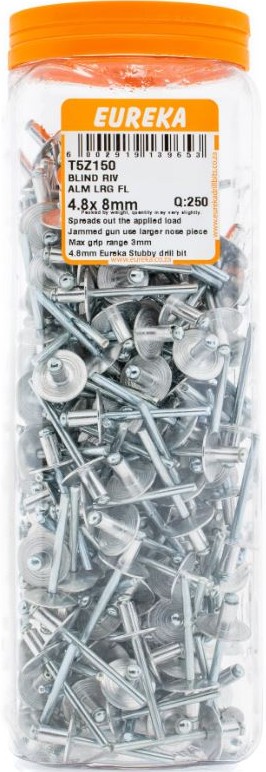 A rivet is a fastener, consisting of a body and a mandrel, used to attach thin pieces of material to thin pieces of metal. A rivet works by drilling a same-sized hole through both materials which coincide with the thickness of the rivet. The mandrel part of the rivet is then placed into the nose-piece of a rivet gun, where after the body part is placed through the holes in the workpiece. The handles of the rivet gun are then squeezed multiple times until the mandrel breaks off, leaving the body part securing the workpiece together.