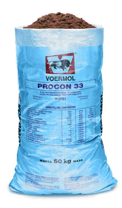 VOERMOL PROCON 33 (V12701). Class: Protein Concentrate for Ruminants. VOERMOL PROCON 33 is a versatile, urea-free, high-protein concentrate for home-mixing high-quality animal feeds. Contains at least three different protein sources and is especially suitable for high-producing dairy cows and fast-growing animals. Has a very high bypass-protein content. Supplies all seven essential trace minerals as well as Vitamins A & E. Can increase protein content in any ruminant or ruminant-game ration and can be used as a protein source for home-mixing stock licks and rations. It is urea and NPN free.