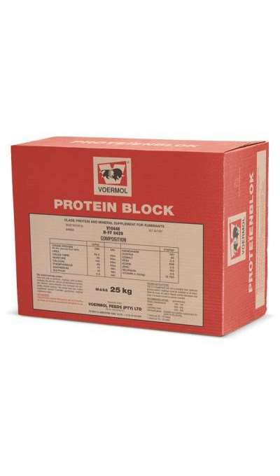 VOERMOL PROTEIN BLOCK (V10448). Class: Protein & Mineral Supplement for Ruminants. Supplies protein, minerals & Vitamin A for cattle and sheep on protein-deficient pasture or roughage. Easy to handle and ready to use. Molasses based for palatability and good intake. Stimulates rumen micro-organisms and dry-matter intake. Contains quality natural protein in addition to urea and is suitable for ruminant game.