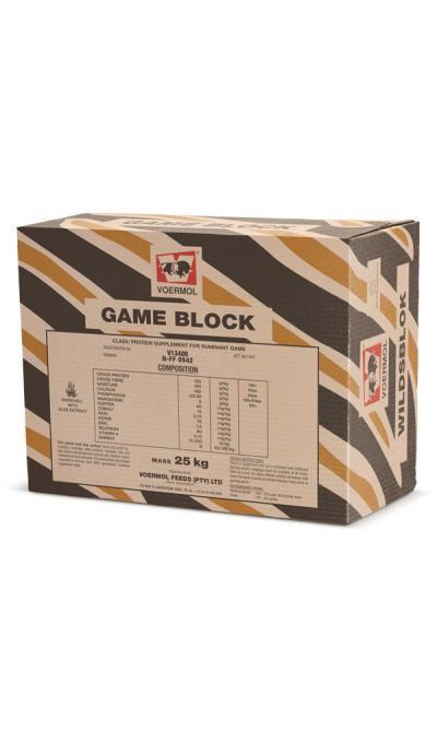 VOERMOL GAME BLOCK (V13408). Class: Protein Supplement for Ruminant Game. A protein, energy, mineral & trace-element supplement for ruminant game and ruminants. Urea and medication free. Used unmixed as a supplement for animals grazing dry veld. Helps prevent mass loss and increase production. Enriched with aloe extract.
