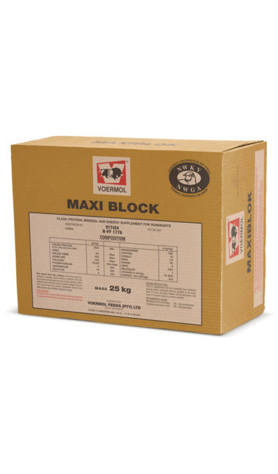 VOERMOL MAXI BLOCK (V17424). Class: Protein, Mineral & Energy Supplement for Ruminants. A high-quality lick block with bypass protein, energy & minerals for improved production and reproduction, especially on dry pasture. Easy and convenient, limits wind loss, improves intake and regulates consumption. Suitable for late-pregnant and lactating sheep, Angora and Boer goat ewes, flushing and growing replacement ewes.