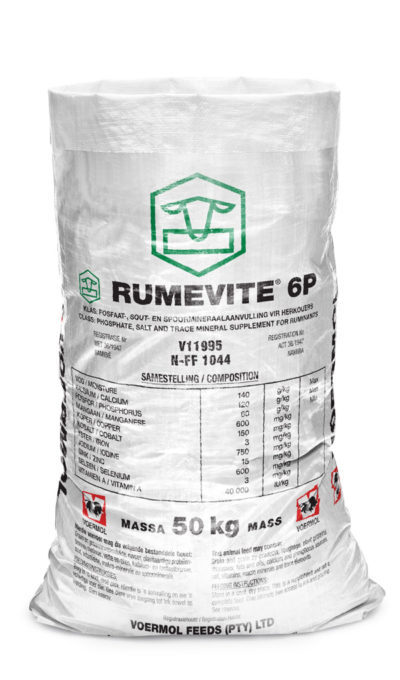 VOERMOL RUMEVITE 6P (V11995). Class: Mineral & Trace Mineral Supplement for Ruminants. A ready-mixed mineral supplement for cattle, sheep & ruminant game on green pastures. Stimulates production of growing and producing animals and is suitable for ruminant game.