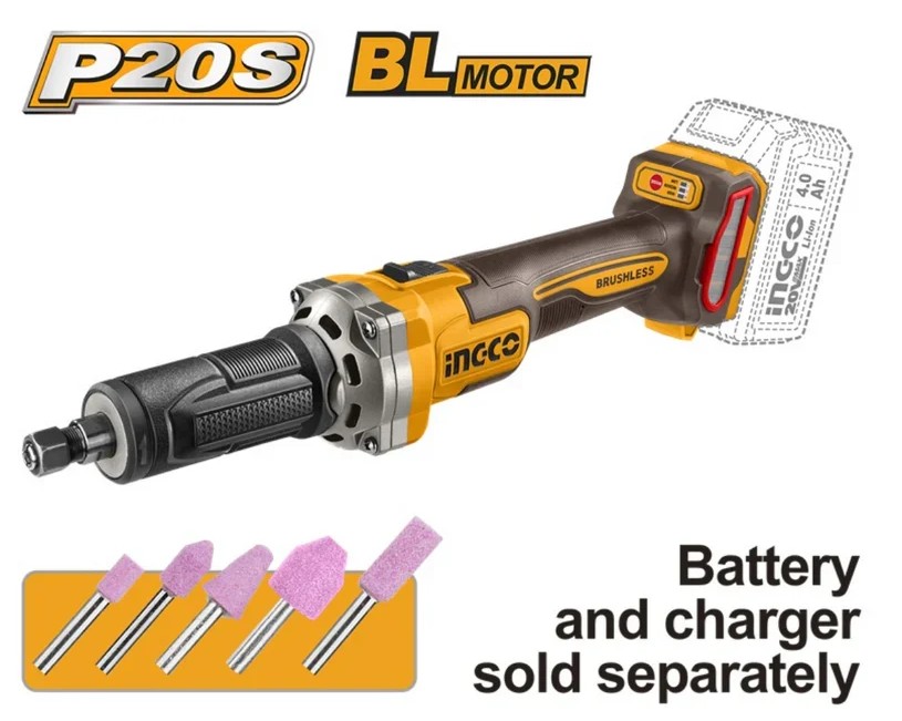 Ingco Cordless Die Grinder 20V. Voltage: 20V. Brushless Motor. No-load speed: 10,000/20,000/30,000rpm. Collet size: 6mm / 1/4'' With 5pcs mounted points. Battery And Charger Sold Separately.