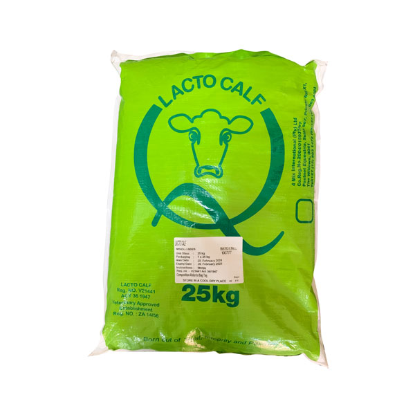 Lacto Calf is a highly digestible milk replacer specially formulated to give young calves a strong, healthy start and support their production potential. It contains coconut oil and lactose as readily available energy sources, while dairy proteins provide highly digestible nutrition suited to young animals. Added vitamins and minerals support a healthy metabolism, and probiotics promote gut health by supporting beneficial bacteria and limiting pathogenic bacterial growth. Fat is included at a controlled level to encourage starter-feed intake. Suitable for beef and dairy calves. Reg. No. V21441, Act 36 of 1947.
