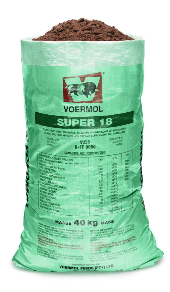 VOERMOL SUPER 18 (V355). Class: Energy, Protein & Mineral Supplement for Ruminants. Can be fed separately or mixed with other ingredients. Improves palatability and feed intake, reduces dustiness and feed wastage, and supplies energy, protein & minerals that stimulate production. Contains molasses supplying a wide range of trace elements. A versatile product suitable for ruminant game.
