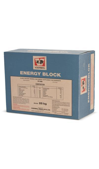 VOERMOL ENERGY BLOCK (V11456). Class: Energy, Protein & Mineral Supplement for Ruminants. A high-energy feed block to increase production, with quality protein and complete minerals & trace elements. Easy handling reduces labour and wastage. Organic trace minerals promote reproduction and growth. Vitamins D3 & E support immunity and mineral absorption. Medicaments promote grazing-energy use and reduce ketosis, pregnancy toxaemia and coccidiosis. Recommended for producing animals.