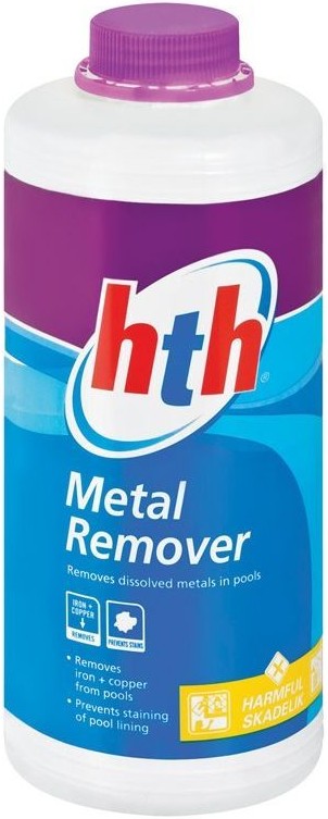 Concentrated solution for removal of metal from swimming pool water.