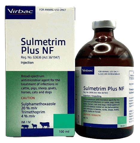 Broad-spectrum antimicrobial (Trimethoprim 4% m/v, Sulphamethoxazole 20% m/v) for the treatment of infections in cattle, pigs, sheep, goats, horses, cats and dogs.