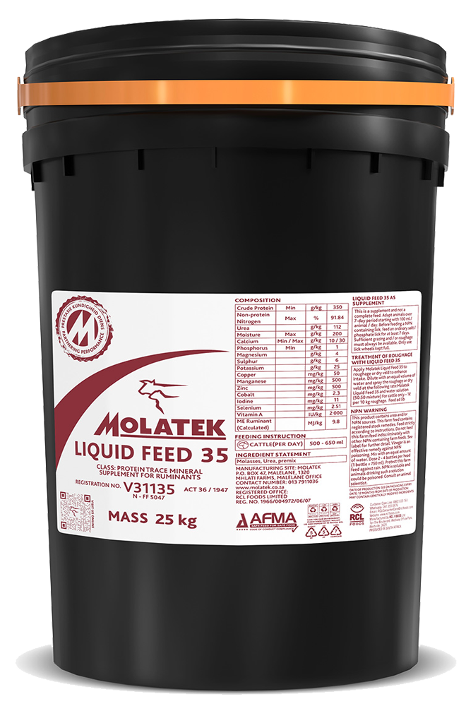 Molatek Liquid Feed 35 is a protein and trace-mineral supplement, not a complete feed. Its high palatability increases the intake of dry veld and roughage, while nitrogen, molasses energy, phosphate and trace minerals support rumen microbes and improve the digestion of poor-quality roughage. It may also be diluted and applied to roughage as directed, and the molasses acts as a binder in pelleted feed. Adapt animals and feed strictly according to instructions.