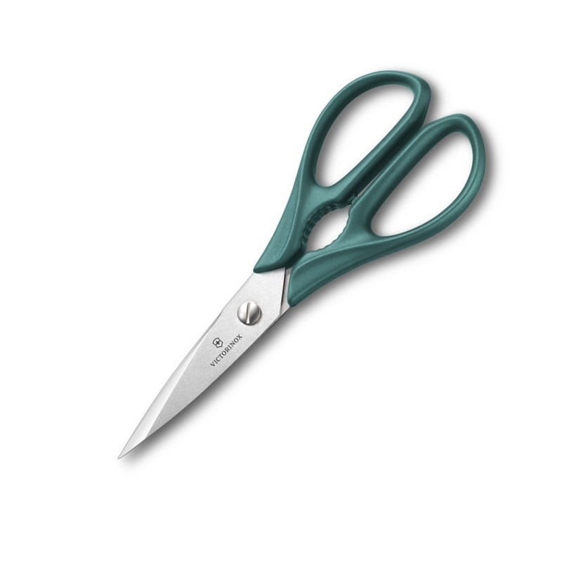 Victorinox Kitchen Shears�(scissors) Kale Colour�are perfect for a wide range of kitchen tasks. Featuring ultrasharp stainless steel blades with micro-serration for precision cutting, these multipurpose scissors include an integrated tool for opening screw-top bottles and cracking nuts. The ergonomic, nonslip handle ensures comfort and control, while the scissors are adjustable, easy to disassemble, and dishwasher safe for effortless cleaning.