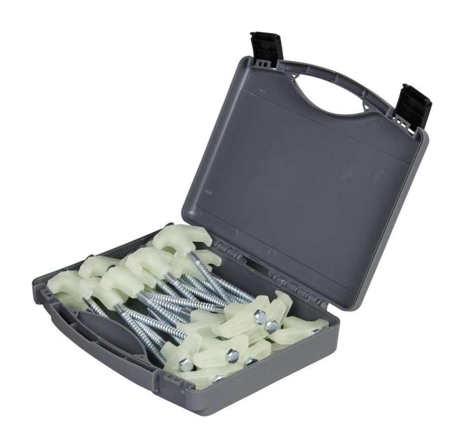 This 25-piece set provides complete anchoring solutions for securing a campsite, featuring a screw-in design that ensures a firm and reliable hold across different ground conditions. Each peg is electro-galvanised for excellent resistance to rust and corrosion, while the glow-in-the-dark tops improve visibility and safety during nighttime use. The set includes 24 screw-in pegs along with a 13 mm socket for quick and easy installation, and it is supplied in a durable carry case for convenient storage and transport.