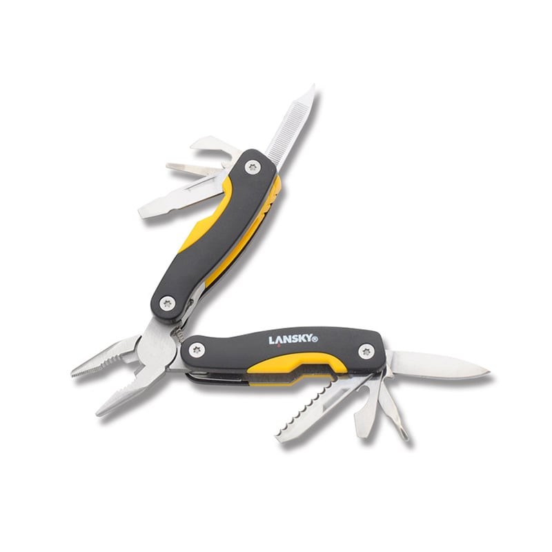 The Lansky Mini Multi-Tool is a durable 12-function tool built with an all-steel construction and fitted with black and yellow synthetic grip scales that provide a secure hold while making the tool easy to spot and difficult to misplace. Compact and lightweight, this pocket-sized multi-tool weighs only a few ounces and measures just 7 cm when folded, making it convenient for everyday carry. When opened, it extends to 10.7 cm and features spring-loaded pliers for comfortable and efficient use during a variety of tasks.