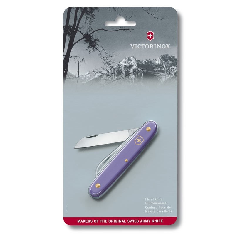 The Victornox Floral Knife is a durable, Swiss-made specialist pocket knife designed for precision flower cutting and delicate plant work. It features a strong stainless steel blade that comes pre-sharpened for accurate, clean cuts, making it a trusted tool among florists, gardeners, and plant nurseries worldwide. The knife is fitted with a comfortable nylon handle in a purple finish, offering both control and ease of use during detailed cutting tasks. Compact and lightweight, it measures 95 mm in length, 120 mm in width, and 14 mm in height, and weighs just 34 grams, making it highly practical for everyday professional use.