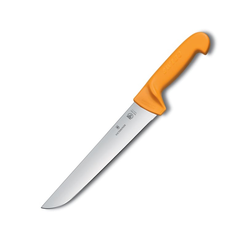 This is a professional, heavy-duty butcher knife designed for meat processing tasks such as splitting, stripping, and slicing larger cuts and joints. It is produced by Victorinox, the world-famous manufacturer of the original Swiss Army Knife, and is part of their Swibo Professional range of butcher knives. These knives are distinguished by their signature bright orange, hygienic Grilon handles, which are designed for safe use in demanding food preparation environments. The range is widely recognised in the meat industry and is used internationally by professionals in catering and butchery.