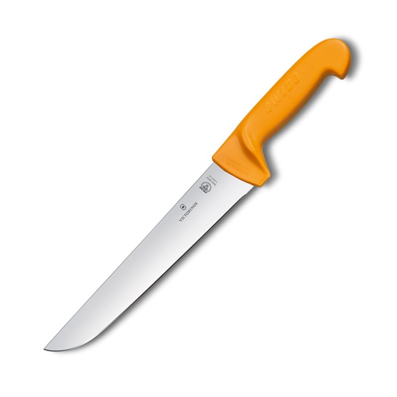 This is a professional, heavy-duty butcher knife designed for meat processing tasks such as splitting, stripping, and slicing larger cuts and joints. It is produced by Victorinox, the world-famous manufacturer of the original Swiss Army Knife, and is part of their Swibo Professional range of butcher knives. These knives are distinguished by their signature bright orange, hygienic Grilon handles, which are designed for safe use in demanding food preparation environments. The range is widely recognised in the meat industry and is used internationally by professionals in catering and butchery.
