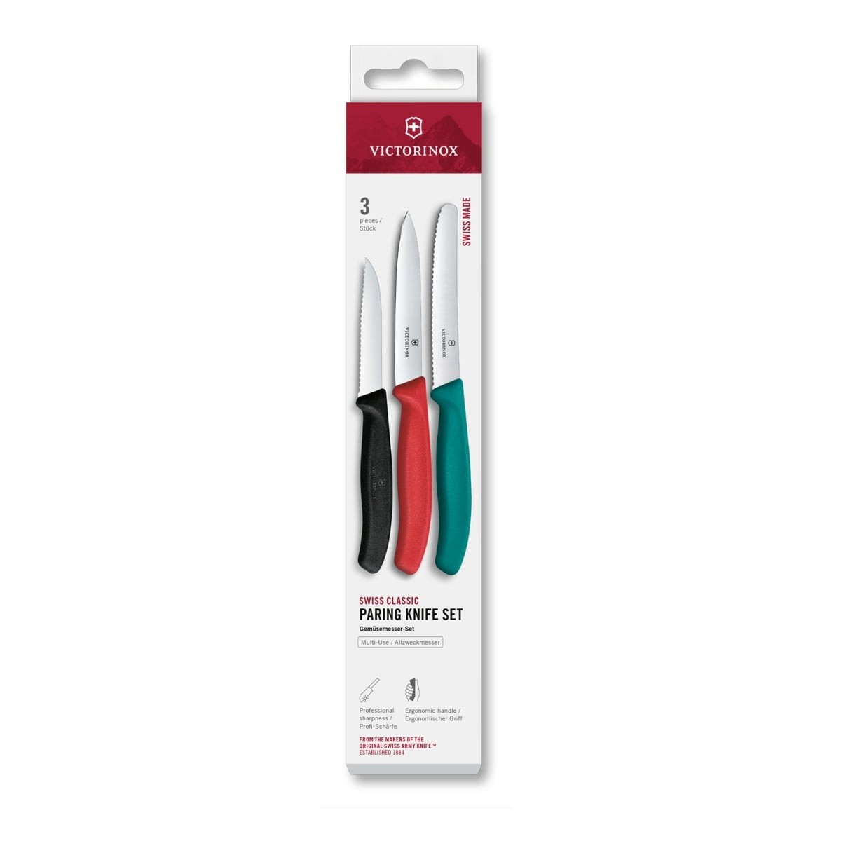 The Swiss Classic peeling knife set includes three versatile professional knives designed to handle a variety of everyday cutting tasks with ease. The set combines straight-edge blades for accurate peeling and precise cutting with serrated blades that effortlessly slice through soft-skinned fruits and vegetables like tomatoes. Each knife is crafted with a sharp stainless steel blade and a lightweight, ergonomically shaped handle that provides excellent comfort and control during use. Made in Switzerland and dishwasher safe, this set offers reliable precision, durability, and convenient everyday maintenance.
