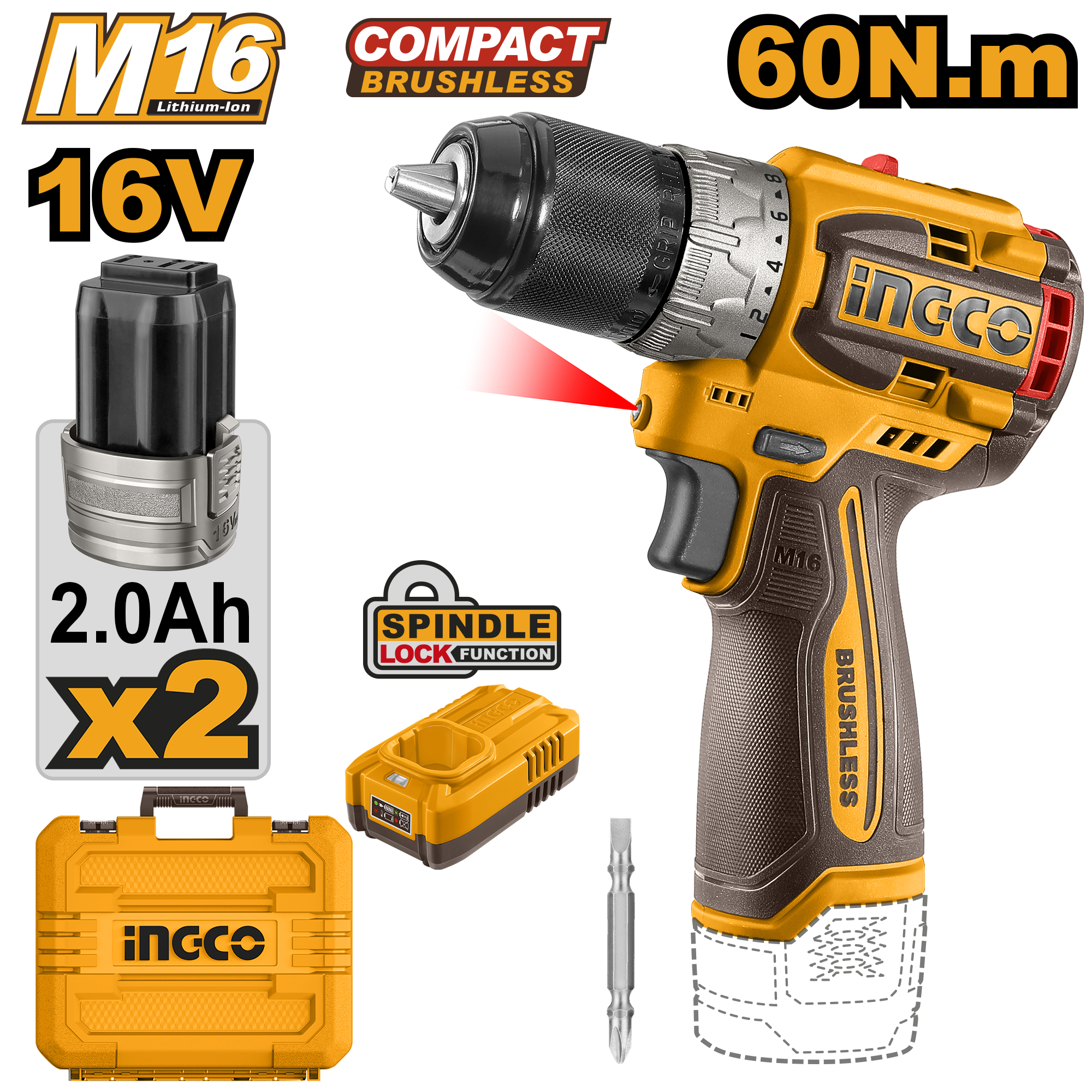 16V Brushless Cordless Compact Drill with no-load speed of 0 - 550 / 0 - 2 000 rpm, max torque of 60 Nm, 13 mm metal chuck, 22 + 1 torque settings, auto-lock keyless chuck, mechanical 2-speed gearbox, spindle lock, and integrated LED work light. Includes 1 x 65 mm Cr-V bit, 2 x M16 2.0Ah battery packs (FBLI1620), M16 charger (FCLI1613), and carrying case. Charge volts: 220 - 240V ~ 50/60Hz.