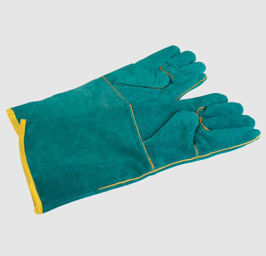 These leather welding gloves feature a green and yellow color combination and are designed with an elbow-length style to provide extended protection during welding tasks.
