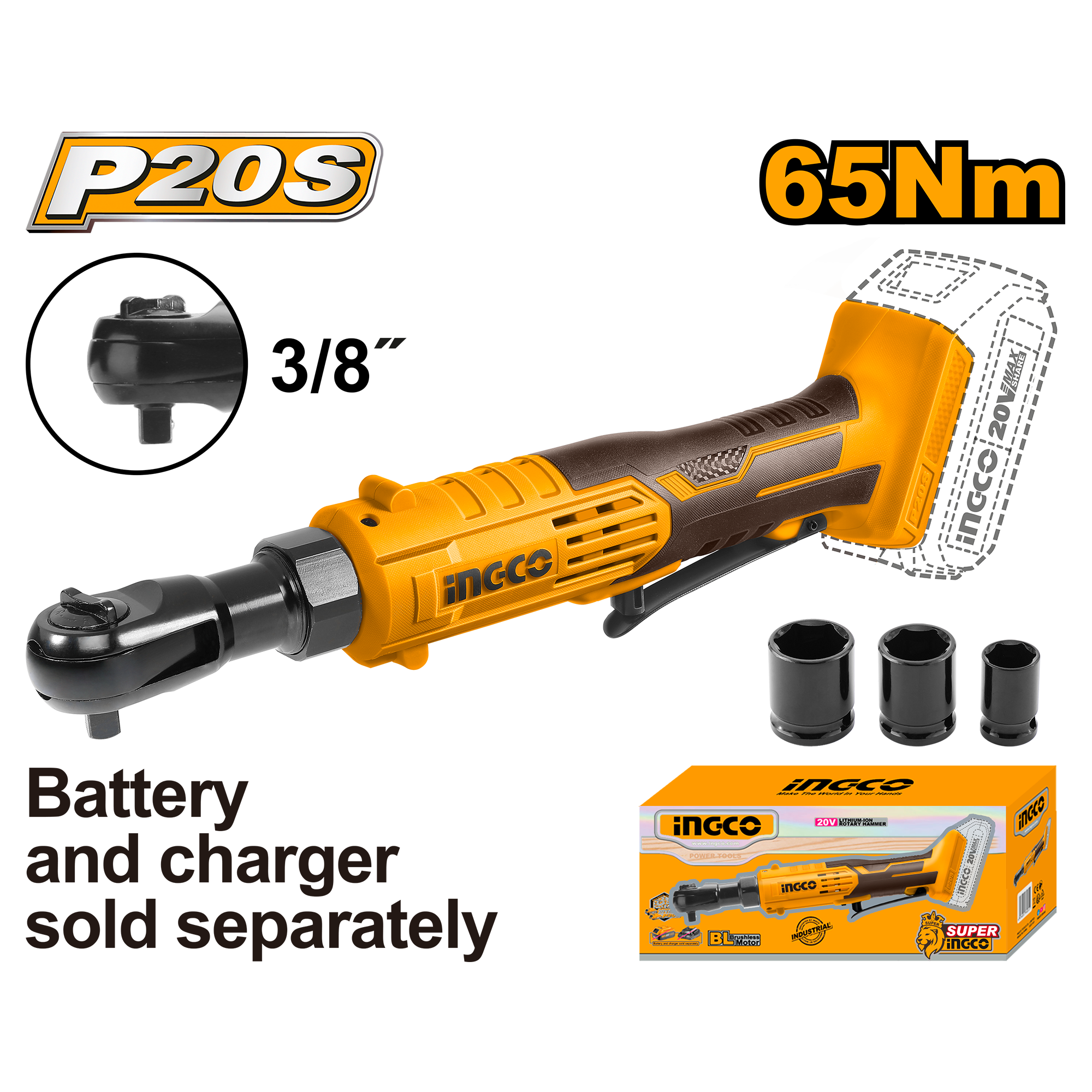Limited Stock Available, first come first serve. Voltage: 20V. Max torque: 65 Nm. Square drive: 3/8". No-load speed: 250 rpm. Battery and charger sold separately. Includes: 3 sockets (13, 17, and 19 mm). Packed by colour box.
