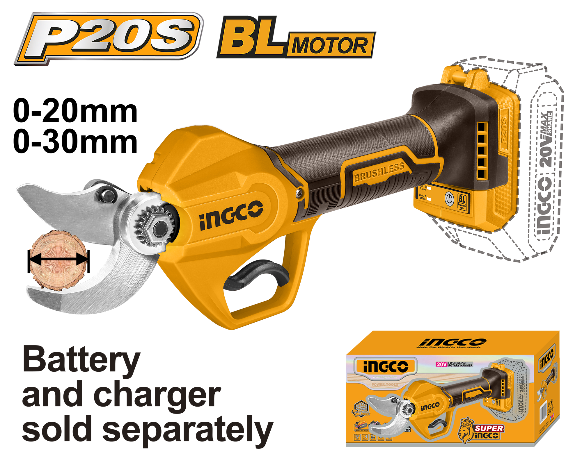 20V Brushless Pruning Shear with 20 mm / 30 mm cutting capacity. Battery and charger sold separately. Includes oil bottle (empty), sharpening stone, and sheath. Packed by colour box.