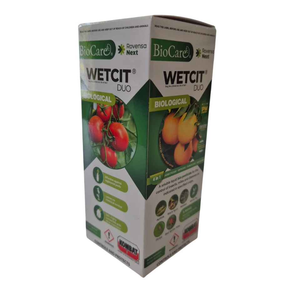 Wetcit Duo is a soluble liquid bio-pesticide that provides broad-spectrum control of pests, mites, and diseases. It delivers non-residual, contact-based action, making it well suited for integrated pest management strategies. In addition to its protective properties, it also acts as a powerful surfactant and adjuvant, enhancing the application and overall effectiveness of crop protection products.