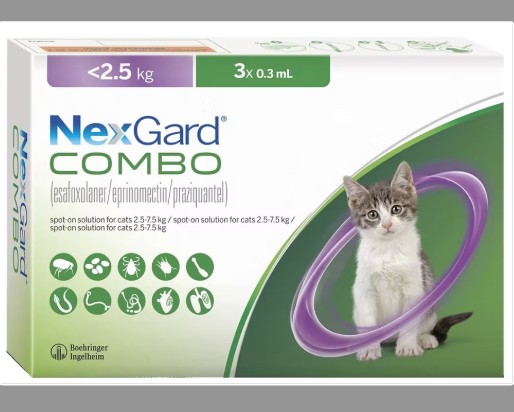 For adult cats and kittens from eight weeks of age, offers the broadest spectrum of treatment or prevention against external and internal parasites including fleas, ticks, mites, hookworms, roundworms, lungworms, vesical worms and tapeworms. It also prevents heartworm disease.