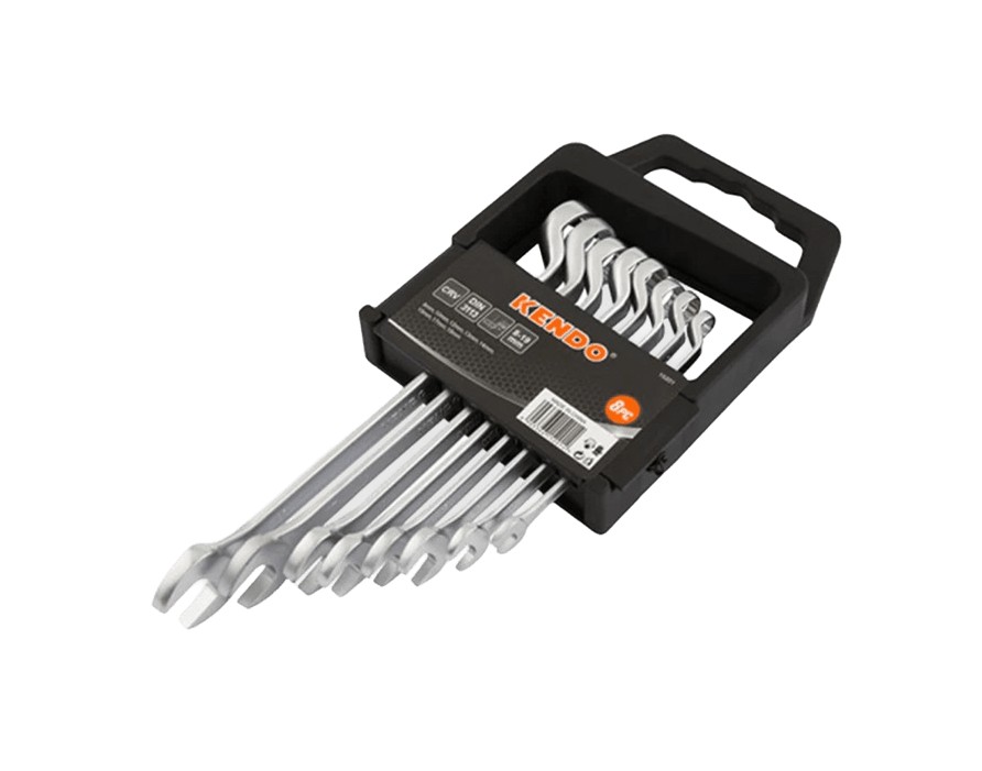 This set is made from high-quality forged Chrome Vanadium (Cr-V) steel with a 15� offset in accordance with DIN standards, providing strength and precise torque. The tools are satin chrome plated for corrosion resistance and long-lasting durability. The set includes the following sizes: 8mm, 10mm, 11mm, 12mm, 13mm, 14mm, 17mm, and 19mm.