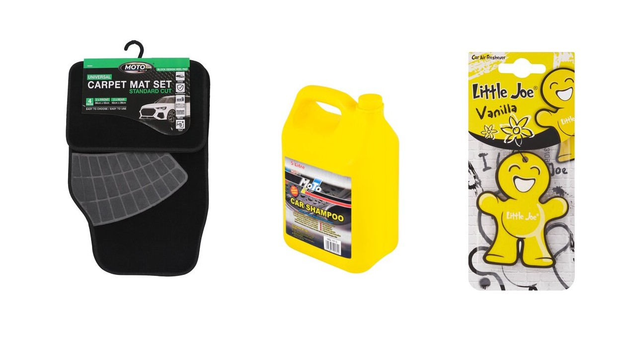 A convenient combo set including floor mats, a 5-liter shampoo, and a standard Little Joe air freshener.