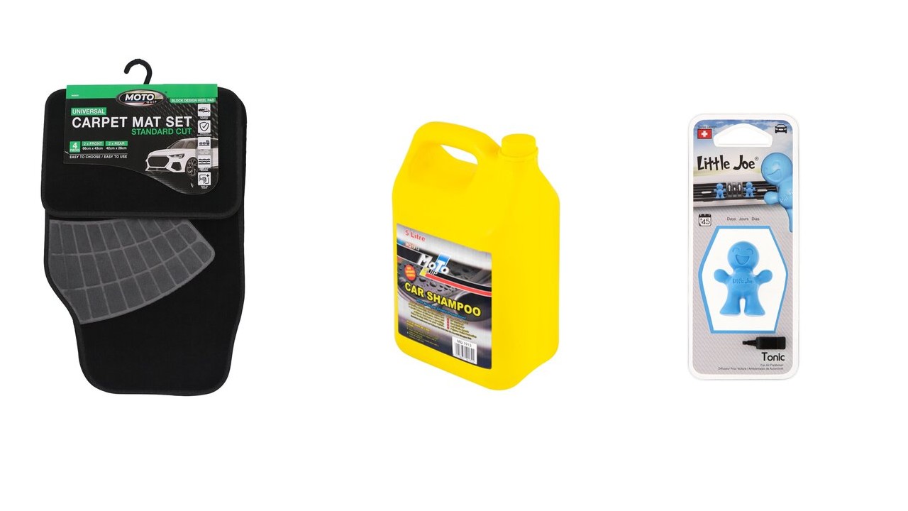 A convenient combo set including car mats, a 5-liter shampoo, and a Little Joe air freshener (Black/Blue).