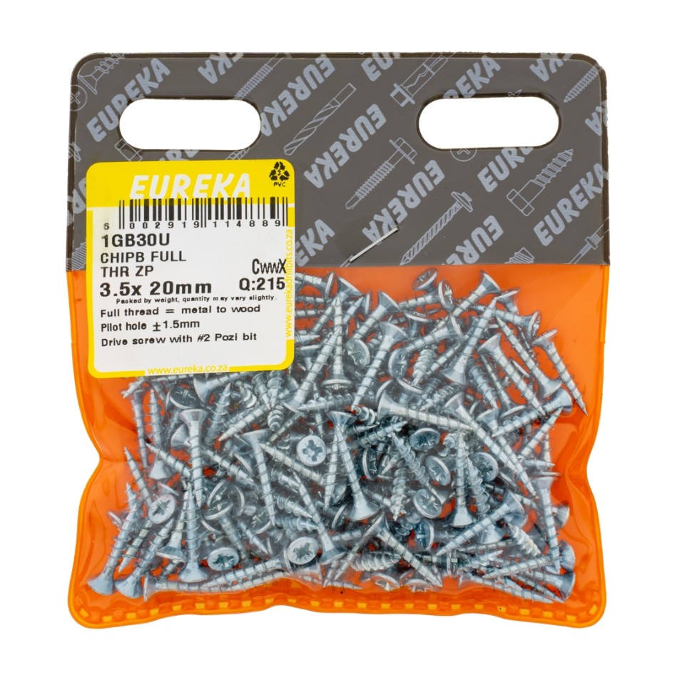 Chipboard Screws with full thread are ideal for chipboard and softer types of wood.When driving in full thread screws, the top material cannot move along the shank. Instead, it is held in place by the threads.Can be used to join thin pieces of material like metal to wood.These screws feature Pozi drive heads.They are zinc plated providing rust resistance.