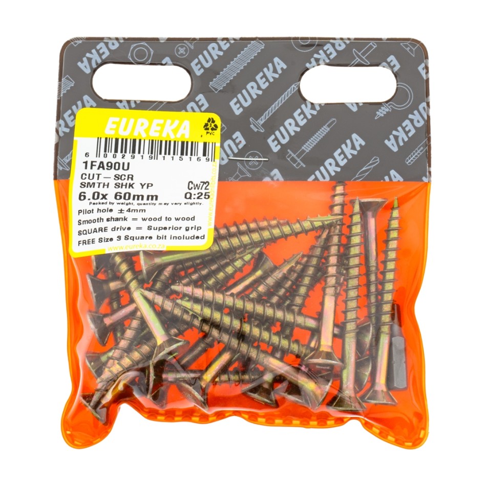Cut screw smooth shank screws are designed with a wood-cutting point (T17), allowing them to cut directly into wood without the need for pilot holes in softwood.For screws sized 3mm to 4mm, no pilot hole is necessary.These screws are compatible with correctly sized square bits that fit snugly into the screw drive, ensuring:Minimal strippingOne-handed operationIncreased gripQuicker job completion.&nbsp;Additionally, all screws are coated in Class 3 yellow passivation, providing excellent rust resistance.