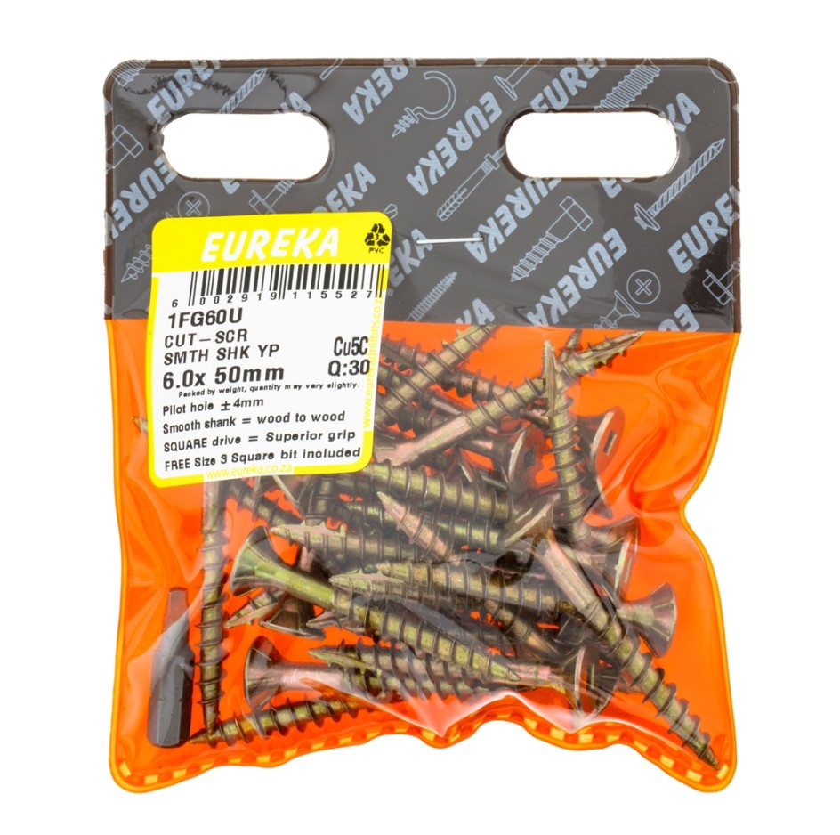 Cut screw smooth shank screws are designed with a wood-cutting point (T17), allowing them to cut directly into wood without the need for pilot holes in softwood.For screws sized 3mm to 4mm, no pilot hole is necessary.These screws are compatible with correctly sized square bits that fit snugly into the screw drive, ensuring:Minimal strippingOne-handed operationIncreased gripQuicker job completion.&nbsp;Additionally, all screws are coated in Class 3 yellow passivation, providing excellent rust resistance.