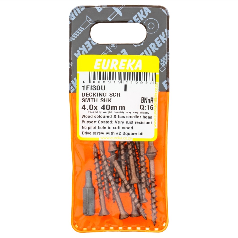 Decking screws are designed with a wood-cutting point (T17), allowing them to cut directly into wood without the need for pilot holes in softwood.For screws sized 3mm to 4mm, no pilot hole is necessary. These screws are compatible with correctly sized square bits that fit snugly into the screw drive, ensuring:&nbsp;Minimal strippingOne-handed operationIncreased gripQuicker job completion&nbsp;Additionally, all screws are coated with a RUSPERT coating, providing excellent rust resistance, making them ideal for outdoor decking applications.